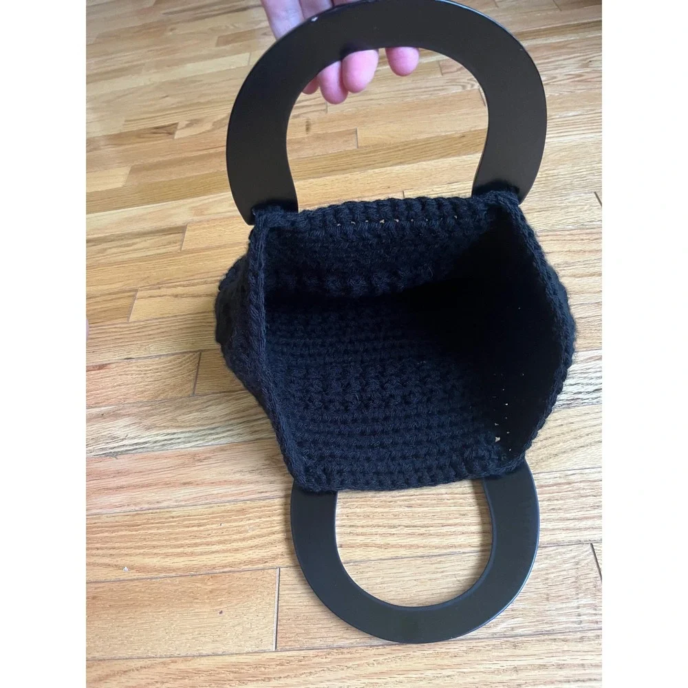 Black Crochet Knit Tote Bag with Round Top Handles Textured Handmade Purse